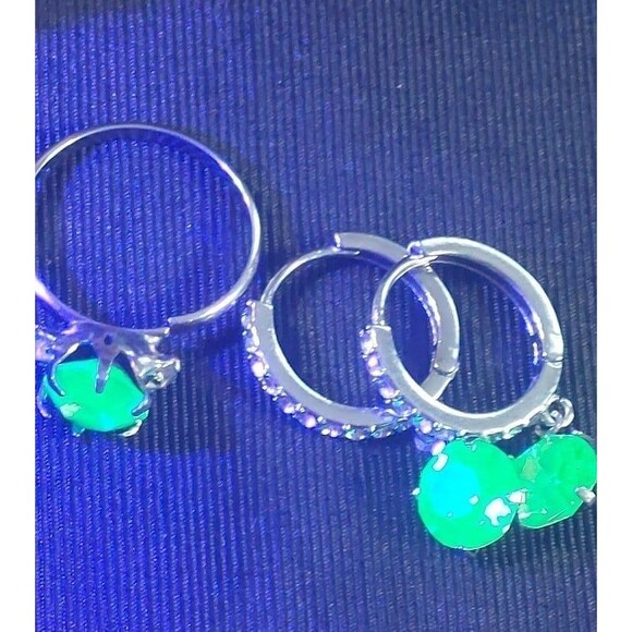 Uranium glass silvertone adjustable ring and huggie hoop earrings